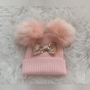 Pink Furry Pom-Pom Beanie with Sequin Bow